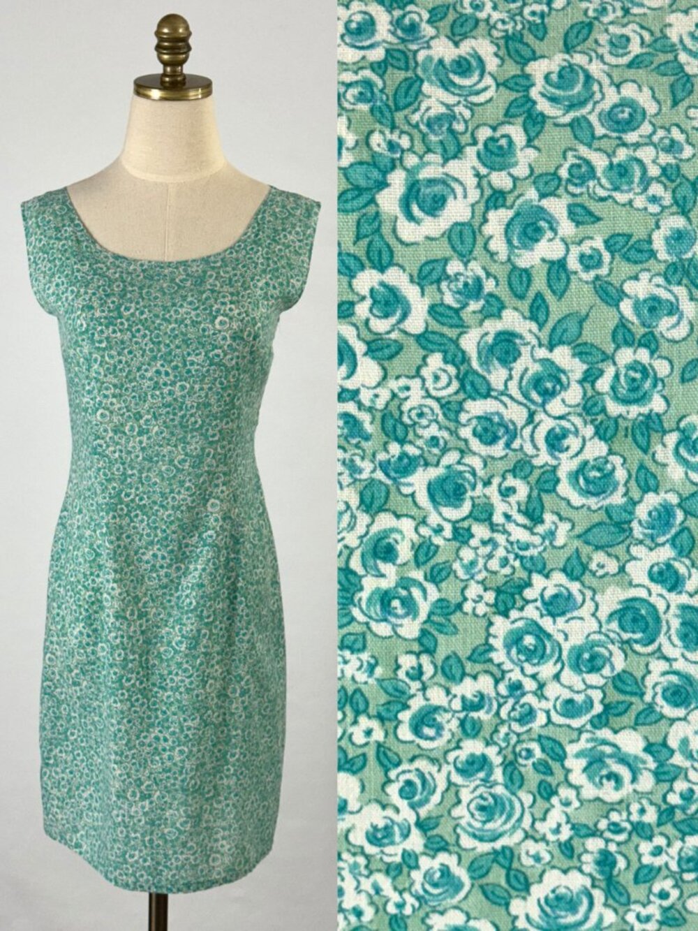Vtg 60s-Style Teal Blue Ditsy Floral Mini Sheath Dress Mod Poly Cotton Blend